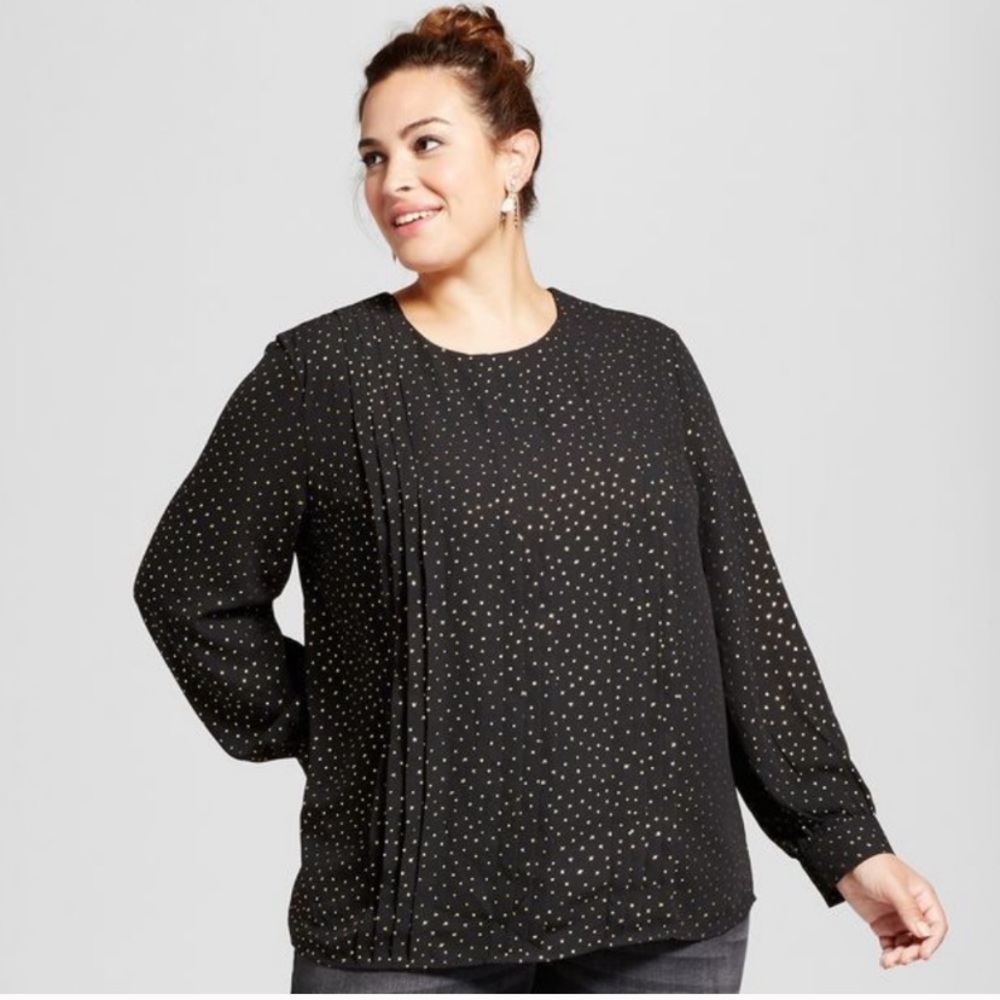 Ava & Viv Black Long-Sleeve Dot Print Blouse